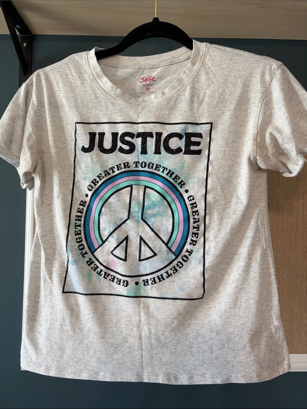 Justice Girls Heather Gray Graphic Tee with Pink & Turquoise Peace Sign
